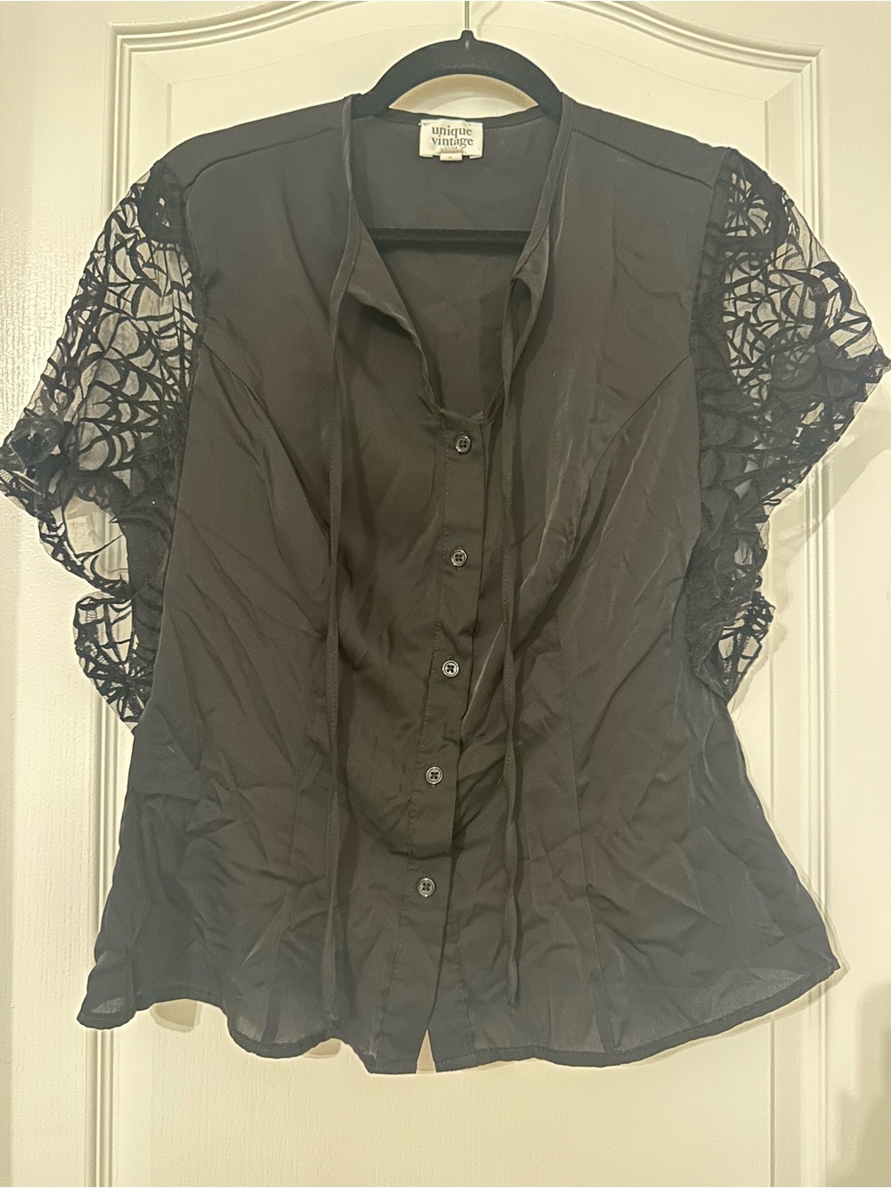 Unique Vintage Black Spiderweb Lace-Sleeve Button Front Women's Top